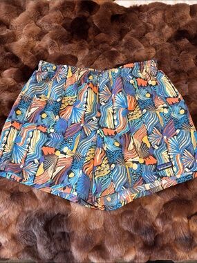 Patagonia Women's Abstract Wave Print Athletic Shorts - Blue/Orange/Yellow